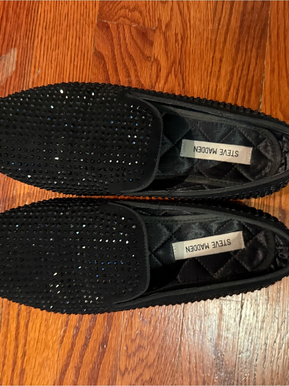 Steve Madden Black Rhinestone Quilted Slip-On Loafers